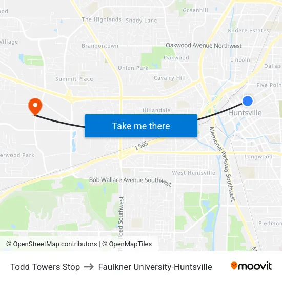 Todd Towers Stop to Faulkner University-Huntsville map