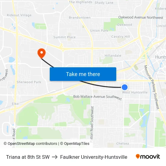 Triana at 8th St SW to Faulkner University-Huntsville map