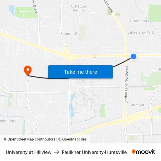 University at Hillview to Faulkner University-Huntsville map