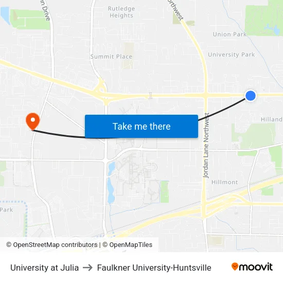 University at Julia to Faulkner University-Huntsville map