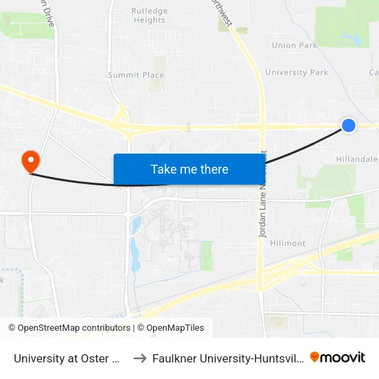 University at Oster Wb to Faulkner University-Huntsville map