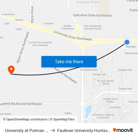 University at Putman Eb to Faulkner University-Huntsville map