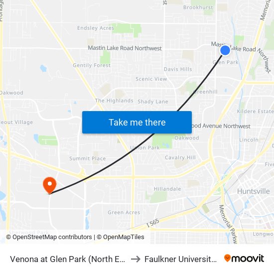 Venona at Glen Park (North End) /Post Office to Faulkner University-Huntsville map