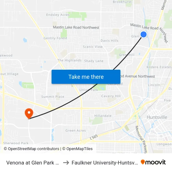 Venona at Glen Park Wb to Faulkner University-Huntsville map
