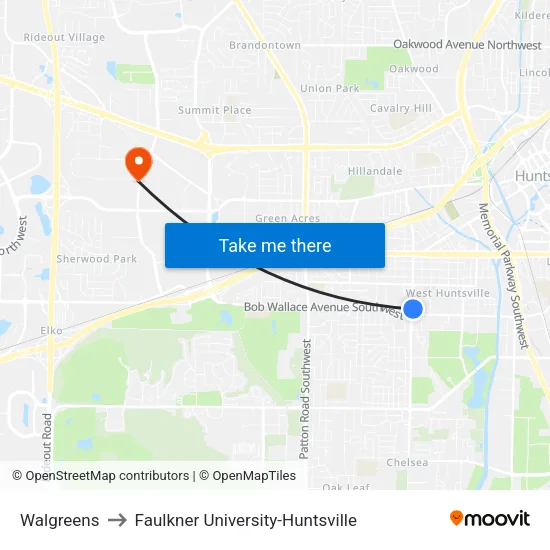 Walgreens to Faulkner University-Huntsville map