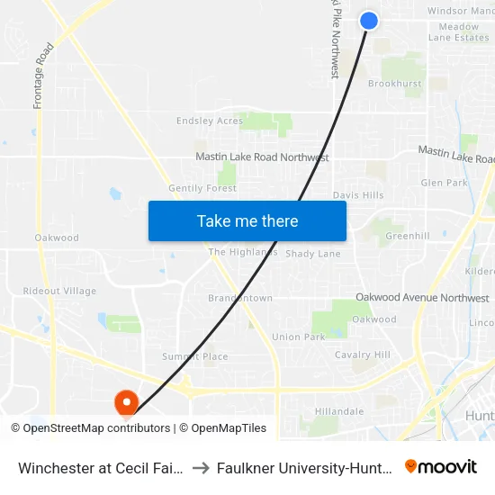 Winchester at Cecil Fain Eb to Faulkner University-Huntsville map