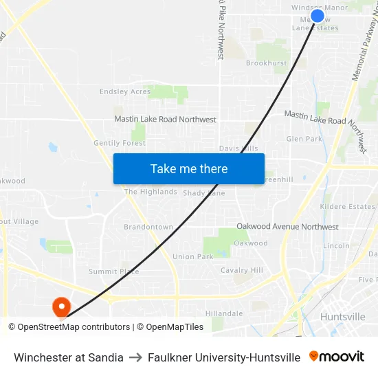 Winchester at Sandia to Faulkner University-Huntsville map