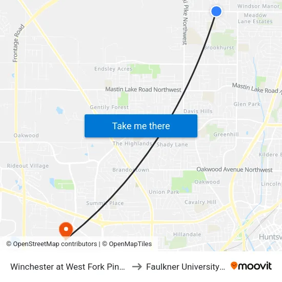 Winchester at West Fork Pinhook Creek Wb to Faulkner University-Huntsville map