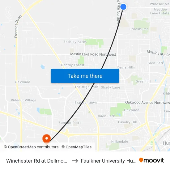 Winchester Rd at Dellmont Rd Wb to Faulkner University-Huntsville map
