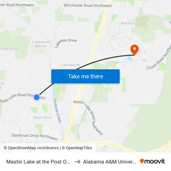 Mastin Lake at the Post Office to Alabama A&M University map
