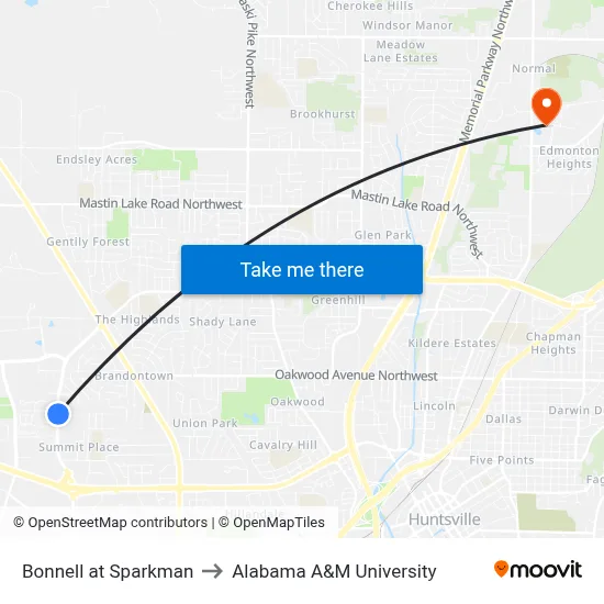Bonnell at Sparkman to Alabama A&M University map