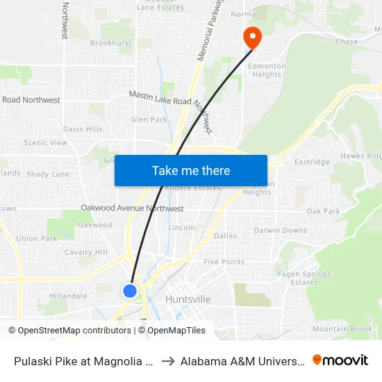 Pulaski Pike at Magnolia Sb to Alabama A&M University map