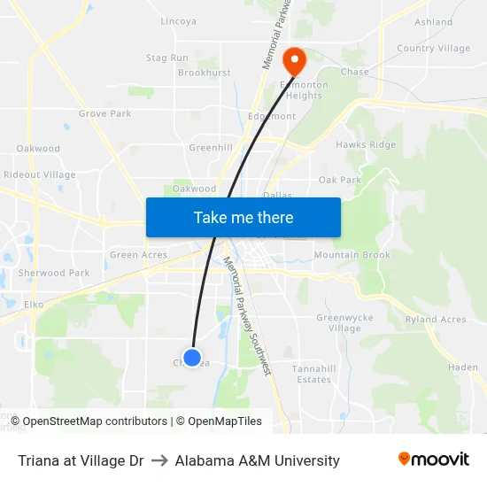 Triana at Village Dr to Alabama A&M University map