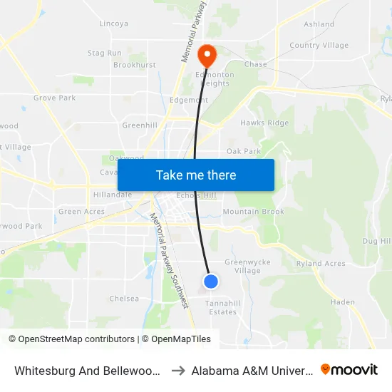 Whitesburg And Bellewood Nb to Alabama A&M University map
