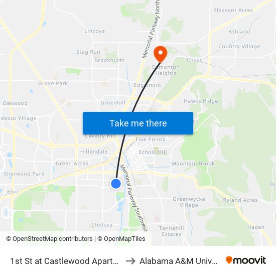 1st St at Castlewood Apartments to Alabama A&M University map