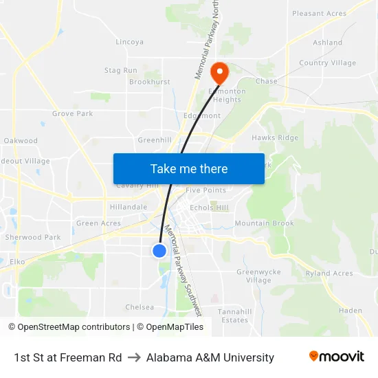 1st St at Freeman Rd to Alabama A&M University map