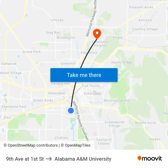 9th Ave at 1st St to Alabama A&M University map