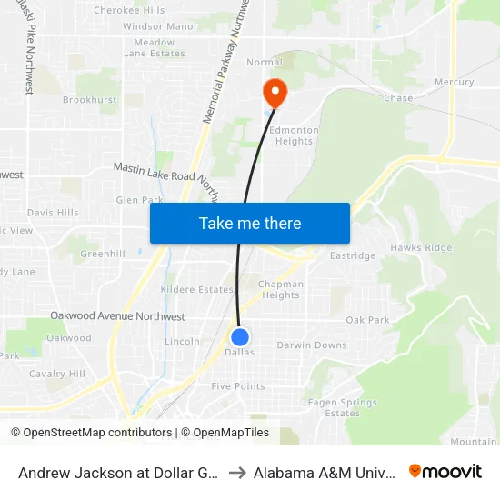 Andrew Jackson at Dollar General to Alabama A&M University map