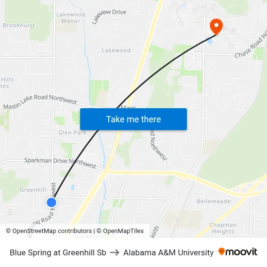 Blue Spring at Greenhill Sb to Alabama A&M University map