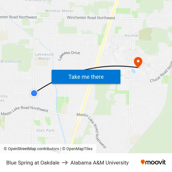 Blue Spring at Oakdale to Alabama A&M University map