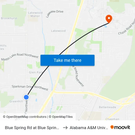 Blue Spring Rd at Blue Spring Cir Nb to Alabama A&M University map
