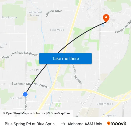 Blue Spring Rd at Blue Spring Cir Sb to Alabama A&M University map