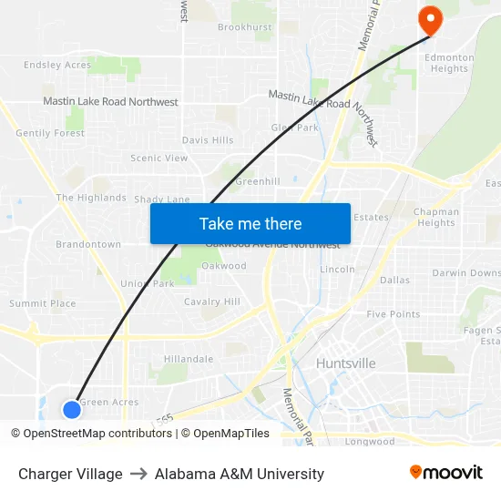 Charger Village to Alabama A&M University map
