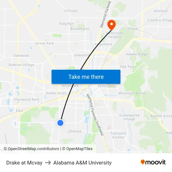 Drake at Mcvay to Alabama A&M University map