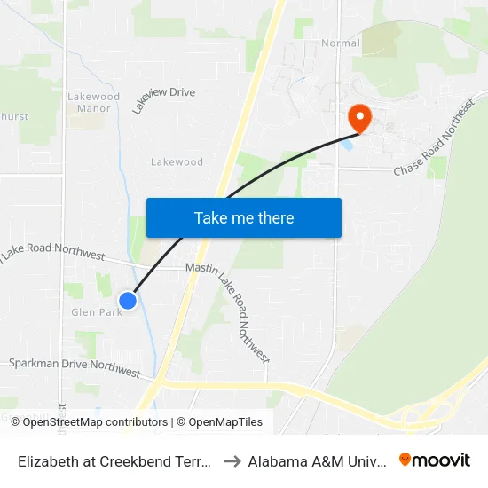 Elizabeth at Creekbend Terrace Sb to Alabama A&M University map