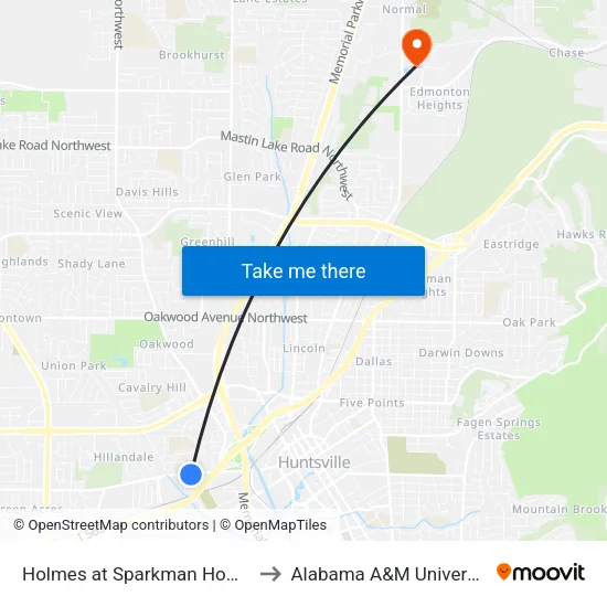 Holmes at Sparkman Homes to Alabama A&M University map