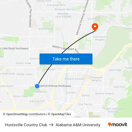 Huntsville Country Club to Alabama A&M University map