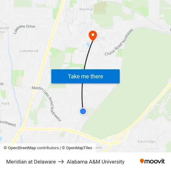 Meridian at Delaware to Alabama A&M University map