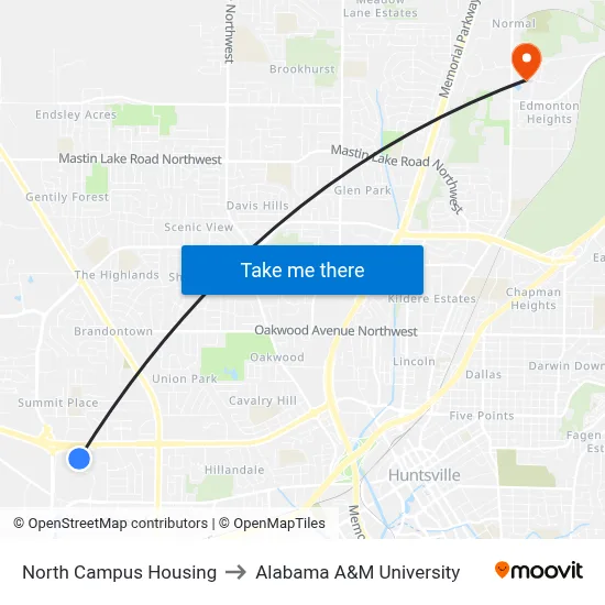 North Campus Housing to Alabama A&M University map
