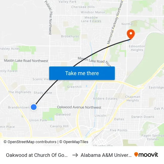 Oakwood at Church Of God Wb to Alabama A&M University map