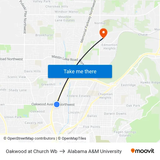 Oakwood at Church Wb to Alabama A&M University map
