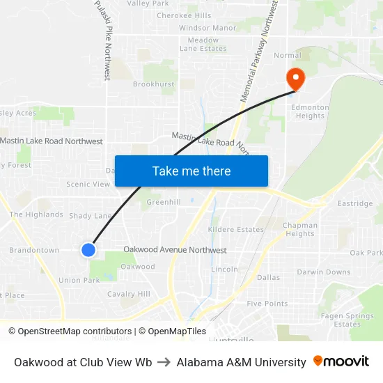 Oakwood at Club View Wb to Alabama A&M University map
