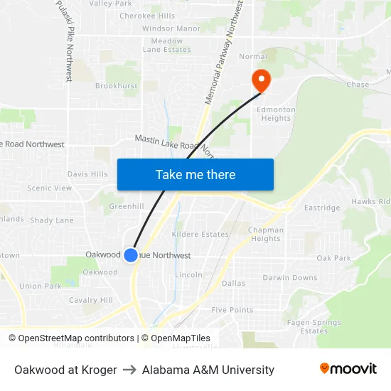 Oakwood at Kroger to Alabama A&M University map