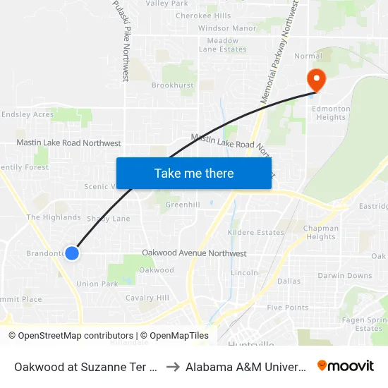 Oakwood at Suzanne Ter Wb to Alabama A&M University map