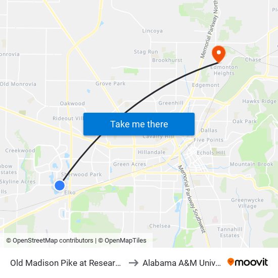 Old Madison Pike at Research Park to Alabama A&M University map