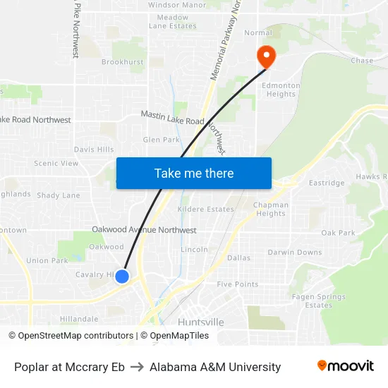 Poplar at Mccrary Eb to Alabama A&M University map