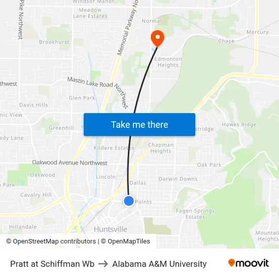 Pratt at Schiffman Wb to Alabama A&M University map