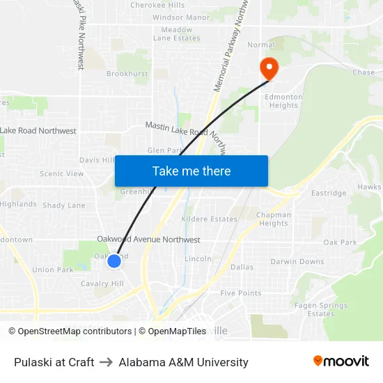 Pulaski at Craft to Alabama A&M University map