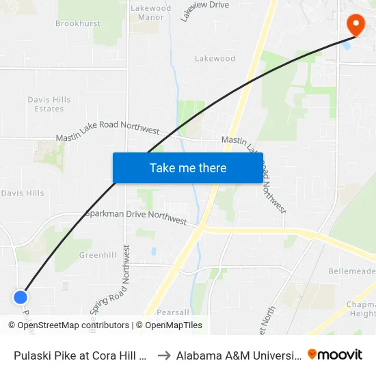 Pulaski Pike at Cora Hill Nb to Alabama A&M University map