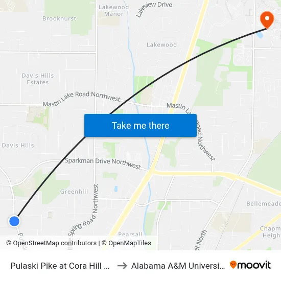 Pulaski Pike at Cora Hill Sb to Alabama A&M University map