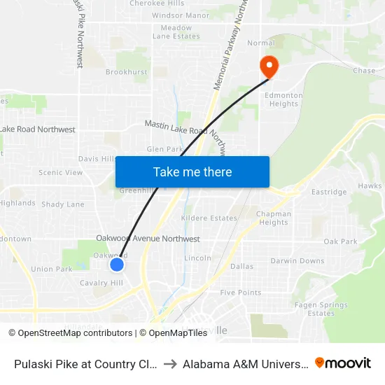 Pulaski Pike at Country Club to Alabama A&M University map