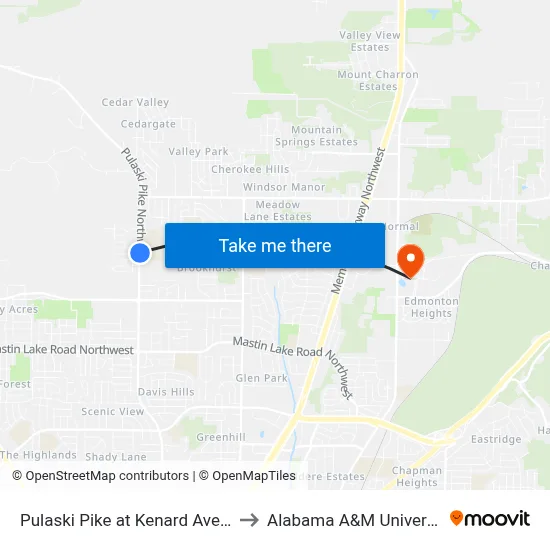 Pulaski Pike at Kenard Ave Nb to Alabama A&M University map