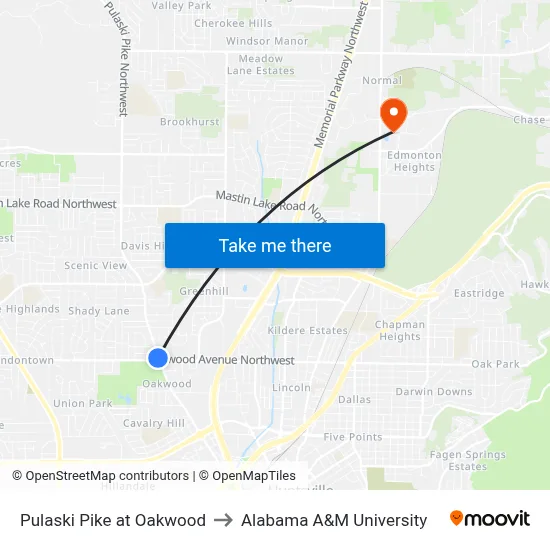 Pulaski Pike at Oakwood to Alabama A&M University map