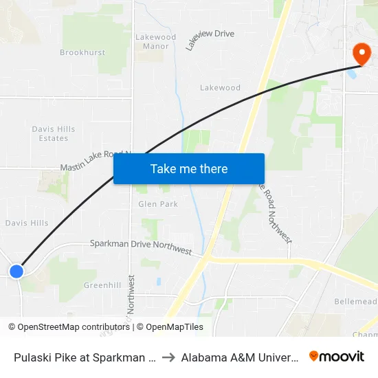 Pulaski Pike at Sparkman Nb to Alabama A&M University map