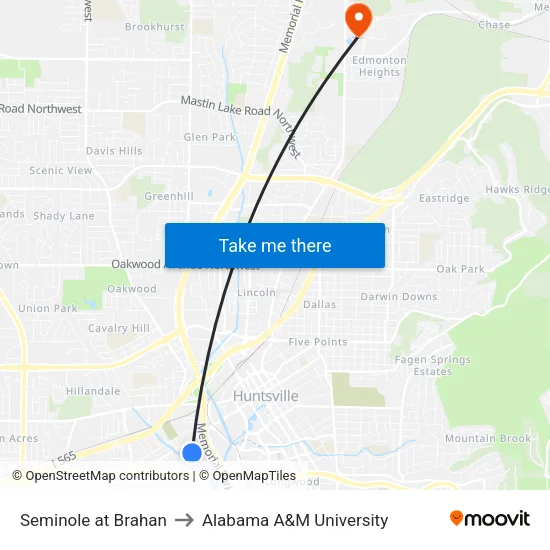 Seminole at Brahan to Alabama A&M University map