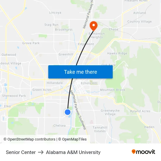 Senior Center to Alabama A&M University map
